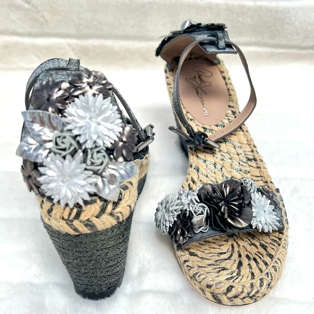 NEW Donald J Pliner Metallic Leather Flower Appliqué & Jute Wedge Heel Sandals